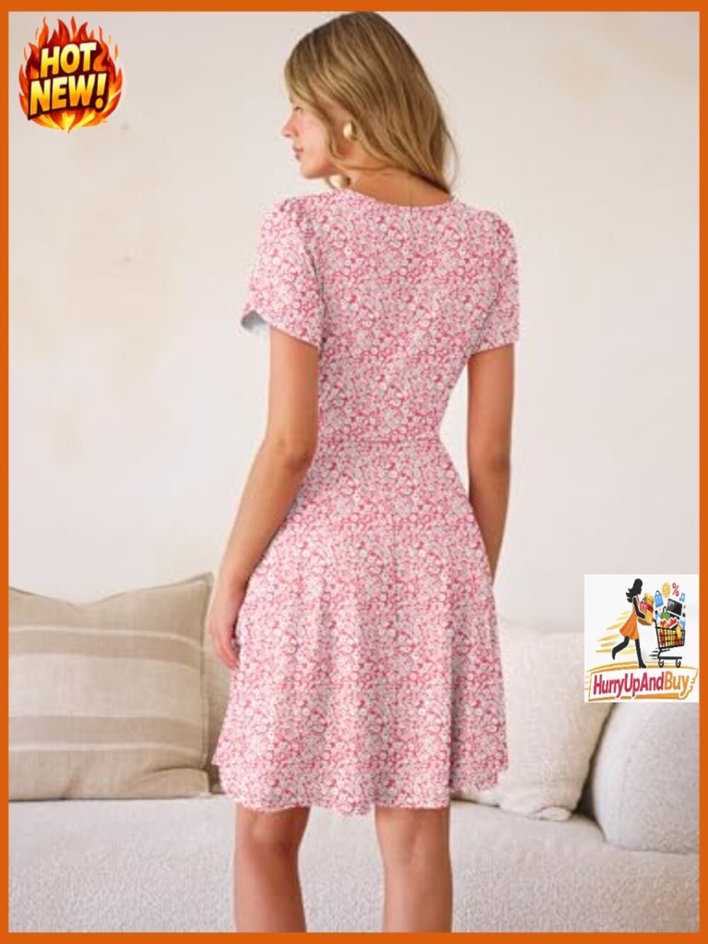 Wrap V Neck A-Line Mini Dress Flowy Boho Casual Summer Beach Vacation Sundress - Picture 6 of 7